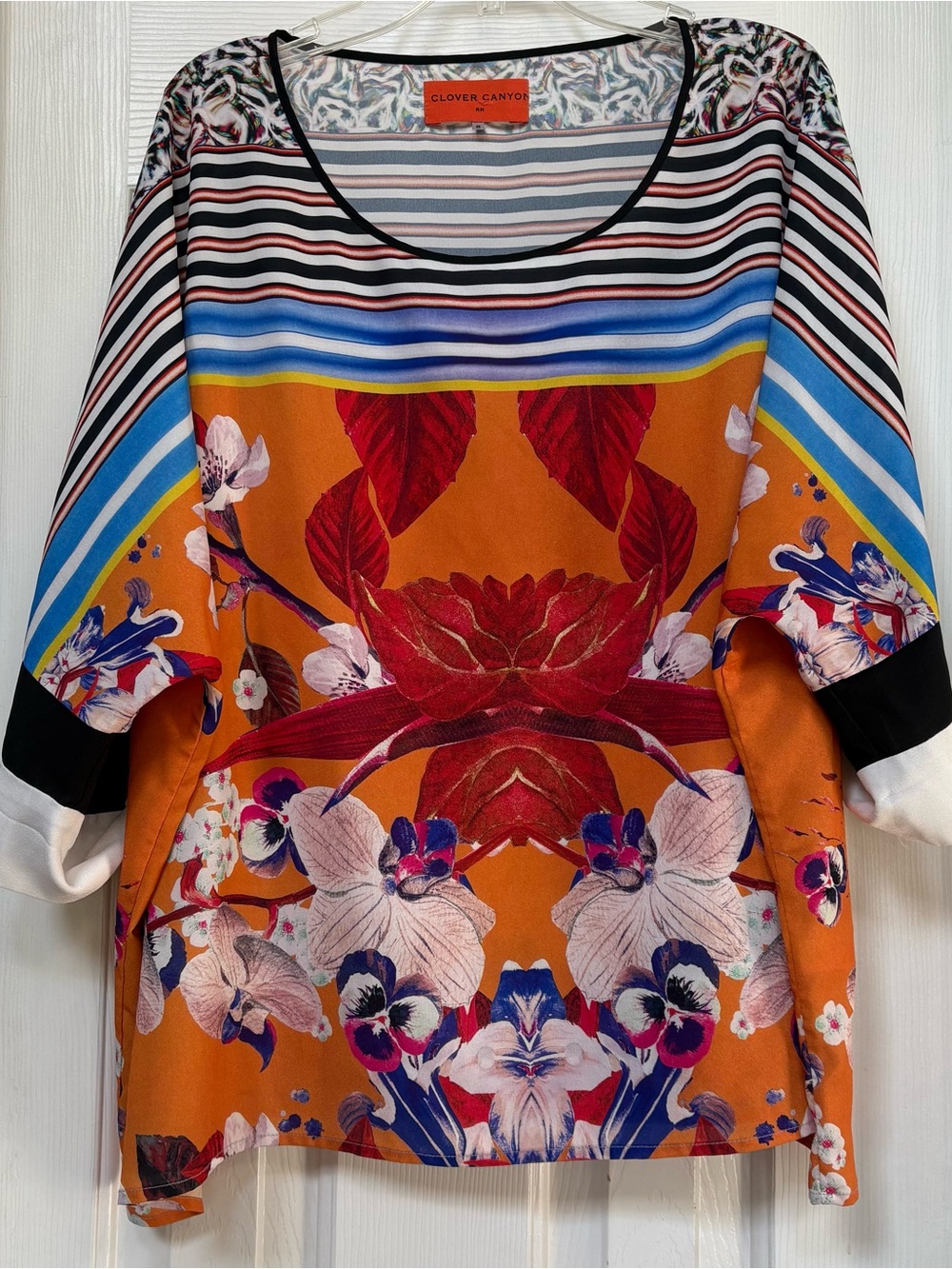 Clover Canyon Orange Floral Scoop Neck Tunic with Multicolor Stripes